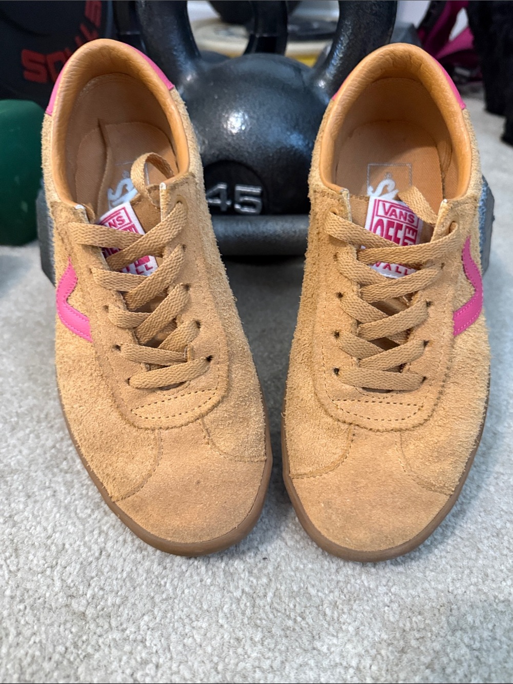 Vans Tan Suede Sneakers with Pink Stripe